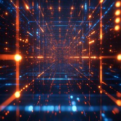 Aufkleber - Neon Grid Perspective: A Corridor of Digital Data with Glowing Orange and Blue Lights