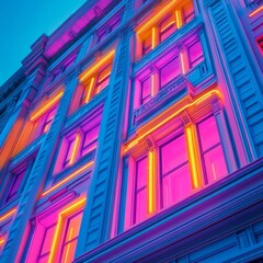 Poster - Neo-Retro Building: An Architectural Marvel Bathed in Cyberpunk Hues and Lit by Neon-Like Light