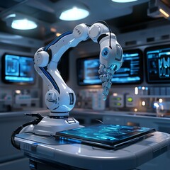 Fototapete - Robotic Arm in Advanced Lab: Precision Robotics for Research and Development with Digital Display Integration
