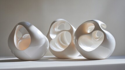 Poster - Three abstract white ceramic sculptures with cutout designs, displayed on a white surface.