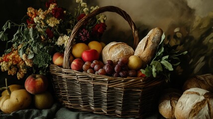 Aufkleber - Rustic basket overflowing with fresh organic vegetables, fruits, and homemade bread in a nature-inspired setting