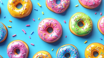 Aufkleber - Colorful donuts with rainbow frosting and sprinkles create a fun pop-art display on a vibrant blue background in this playful composition