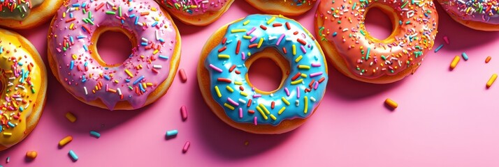 Aufkleber - Colorful donuts with rainbow frosting and sprinkles create a playful and vibrant display in a pop-art style composition
