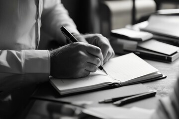 Poster - Professional working in a minimalist office environment, writing notes in a stylish notebook with natural light during the day