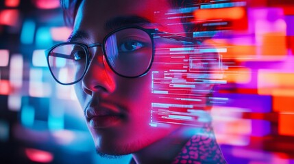 Abstract portrait of a man immersed in digital information network