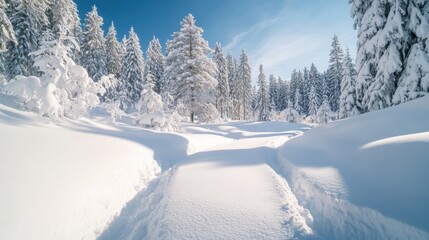 Aufkleber - Pure white snowy landscape with soft curves and delicate natural shadows in a serene minimalist setting near a forest in winter
