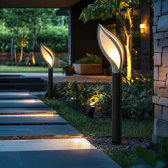 Poster - Modern outdoor lighting fixtures illuminate landscaped pathway, creating warm and inviting atmosphere in contemporary garden setting