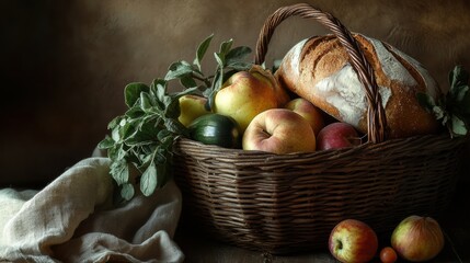 Poster - Rustic basket filled with fresh organic vegetables and fruits alongside homemade bread surrounded by warm earthy tones