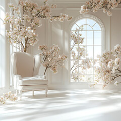 Poster - serene interior featuring white armchair surrounded by blooming cherry blossom trees, creating tranquil and elegant atmosphere. soft light enhances beauty of space