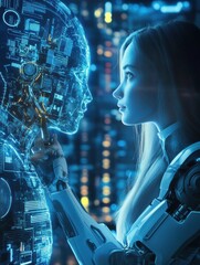 Leinwandbilder - Robotic AI tutor engages with student in a futuristic learning environment showcasing neon-blue cyber aesthetics