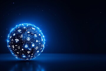 Poster - Futuristic digital globe with technology icons glowing in blue.