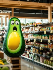 Poster - Playful oversized cartoon avocado in grocery store creating a cheerful atmosphere while engaging shoppers with its whimsical design