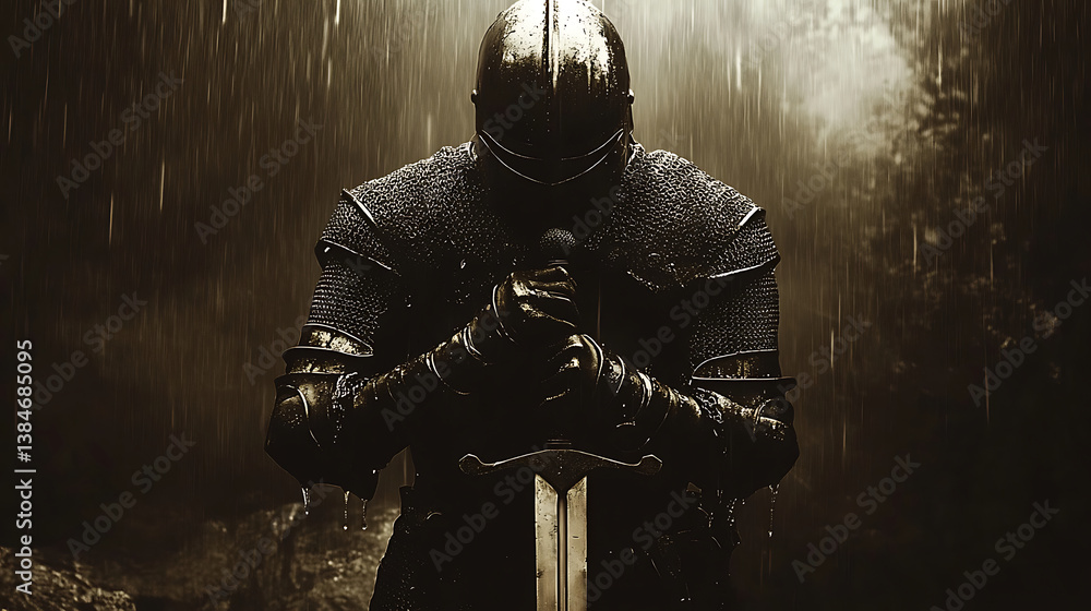 Knight in Full Armor Standing in Rain Holding Sword in a Dramatic Dark ...
