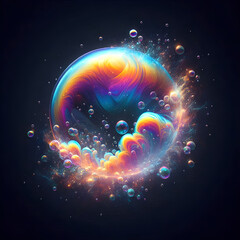 Large iridescent soap bubble exploding with colorful particles on dark background