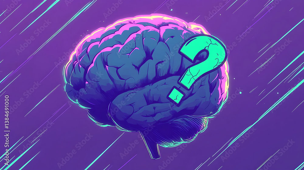 Pixelated Brain Illustration With Question Mark Against Purple Gradient ...