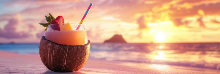 Poster - Refreshing summer cocktail served in a coconut shell with colorful straw and fruit garnish at a sunset beach location