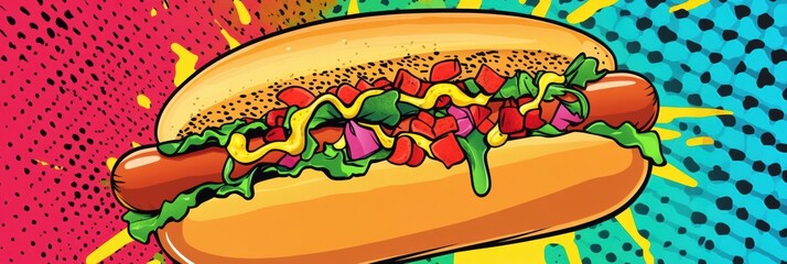 Aufkleber - Oversized cartoon hot dog with vibrant toppings in playful pop-art style against a colorful backdrop