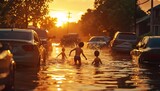 Children play in flooded street with cars during sunset golden hour.