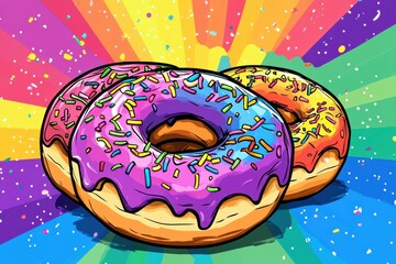 Aufkleber - Playful donuts with rainbow frosting and colorful sprinkles create a fun pop-art display in a vibrant composition