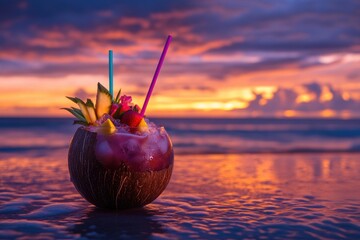 Fototapete - Refreshing summer cocktail served in a coconut shell with tropical fruits against a stunning sunset beach view