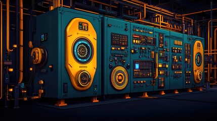 Futuristic control panel array in a dark, industrial setting.  Complex technological equipment with glowing displays and controls