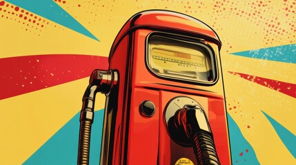 Fototapete - Retro pop-art gas pump featuring bold colors, comic book textures, and sharp contrasts evoking nostalgic Americana from the 1960s era