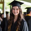 © NatthaphonSiri - Happy Graduate in Cap and Gown at Commencement Ceremony. A portrait of a young woman celebrating her academic achievement.