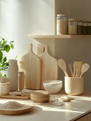 Poster - Modern display of organic food products in sustainable wooden packaging featuring minimalist design and natural tones in a cozy kitchen setting