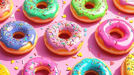 Aufkleber - Colorful donuts with rainbow frosting and sprinkles create a lively pop-art display on a bright background