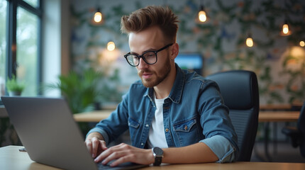 Young software developer working on a laptop in a modern office