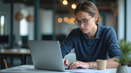 Young software developer working on a laptop in a modern office