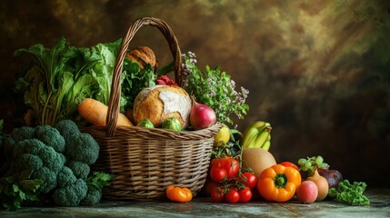 Poster - Rustic basket filled with fresh organic vegetables and fruits alongside homemade bread in a warm earthy setting