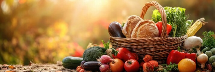 Poster - Rustic basket filled with fresh organic vegetables and homemade bread in a nature-inspired setting during golden hour