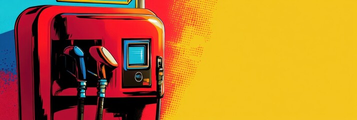 Poster - Retro pop-art gas pump featuring bold colors and comic book textures in a stylized urban setting
