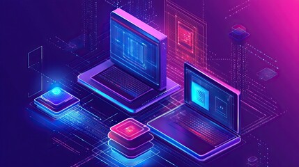 Futuristic Laptops in Digital Network