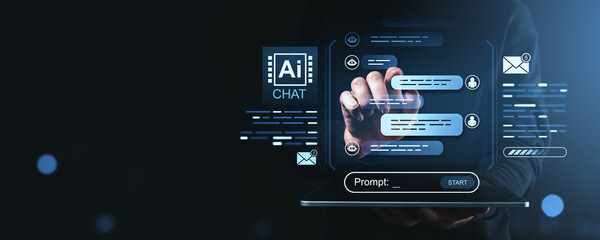 chatbot interface with ai conversation prompts on digital screen in hand..