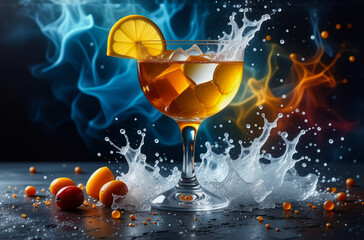 Aufkleber - Refreshing drink in glass with ice and lemon slice, liquid splashing dynamically, with fruits scattered around, set against a colorful smoke background.