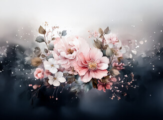 Poster - Delicate pink and white flowers with soft green leaves are beautifully arranged against a blurred, dark background. Elegant floral artwork.
