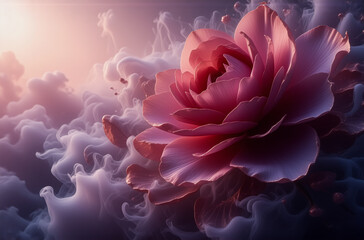 Wall Mural - a vibrant pink flower with delicate petals blossoms in a dreamy cloud of soft smoke. pastel hues cre