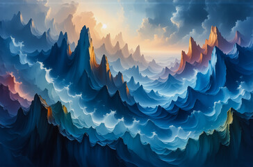 Aufkleber - Abstract landscape with blue and white peaks suggesting mountains or waves beneath a colorful sky at sunset.