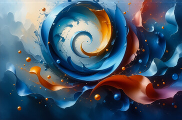Aufkleber - Abstract blue and orange spiral swirls dynamically with fluid forms in a colorful artistic composition.