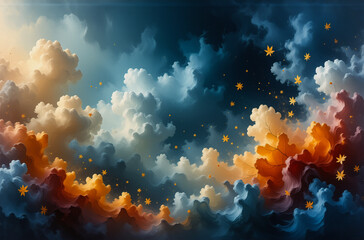 Aufkleber - Dramatic sky filled with fluffy clouds in shades of blue, orange, and yellow. Tiny stars twinkle across this colorful, dreamy, and celestial expanse.
