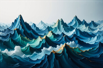 Aufkleber - Abstract waves in varying shades of blue and green cascade across the frame, accented with golden highlights, creating a dynamic and textured sea-like artwork.