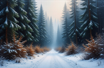 Poster - A snow-covered path winds through a dense forest of evergreen trees, creating a serene and misty winter landscape. The scene evokes a sense of peaceful isolation in nature.