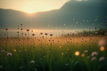 Poster - Golden light bathes wildflowers in a serene meadow at dusk. Distant mountains and gentle light orbs create a tranquil, dreamy nature scene.