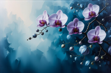 Poster - Delicate light purple orchids with dark purple centers bloom on a branch against a soft, dreamy blue background. The floral artwork evokes a serene and elegant atmosphere.