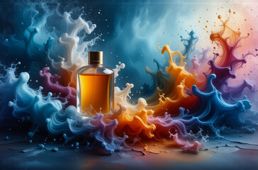 Aufkleber - Amber liquid in a glass bottle is surrounded by vibrant bursts of colorful smoke, creating a dynamic and artistic abstract composition.