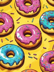 Aufkleber - Colorful donuts with rainbow frosting and sprinkles create a playful pop-art display on a bright yellow background