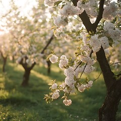 Blooming cherry blossom trees in a sunlit green grassy garden