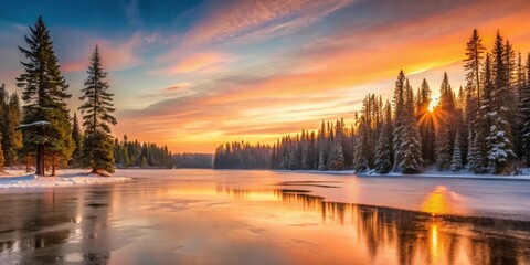 Wall Mural - serene winter sunset over frozen lake with silhouetted evergreen trees